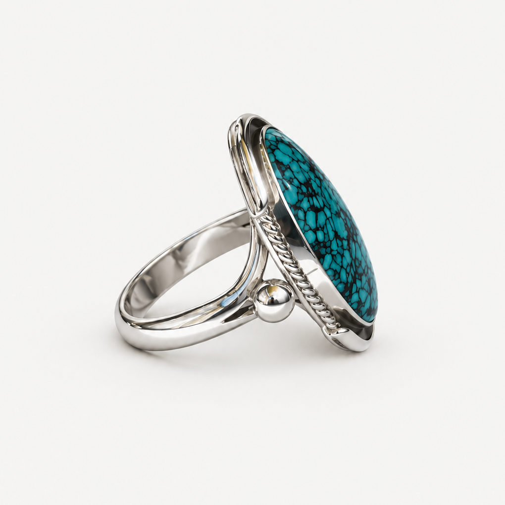 Spiderweb Turquoise Ring side profile showing sterling silver band