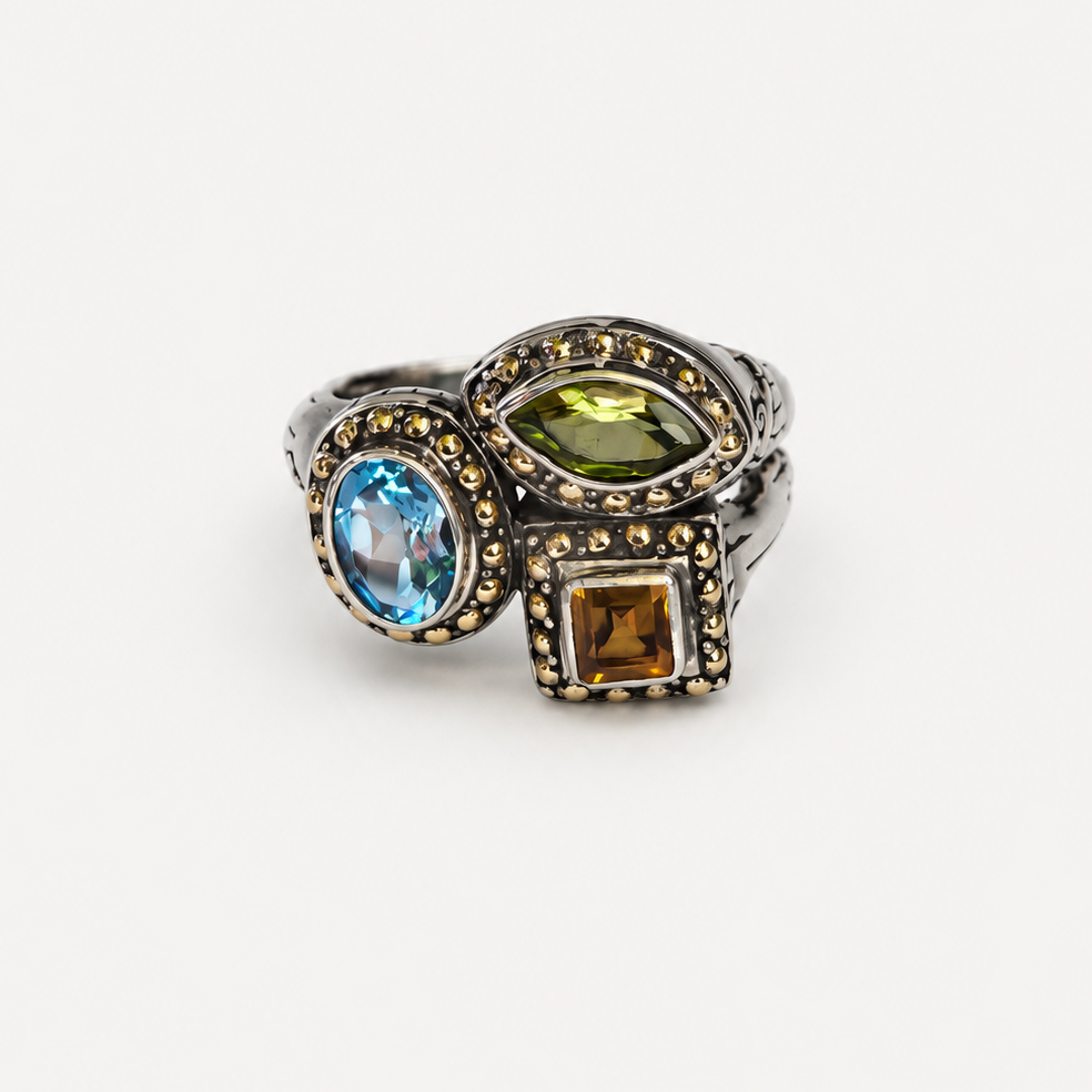 Trio Gemstone Statement Ring front showing blue topaz peridot and citrine