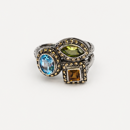 Trio Gemstone Statement Ring front showing blue topaz peridot and citrine