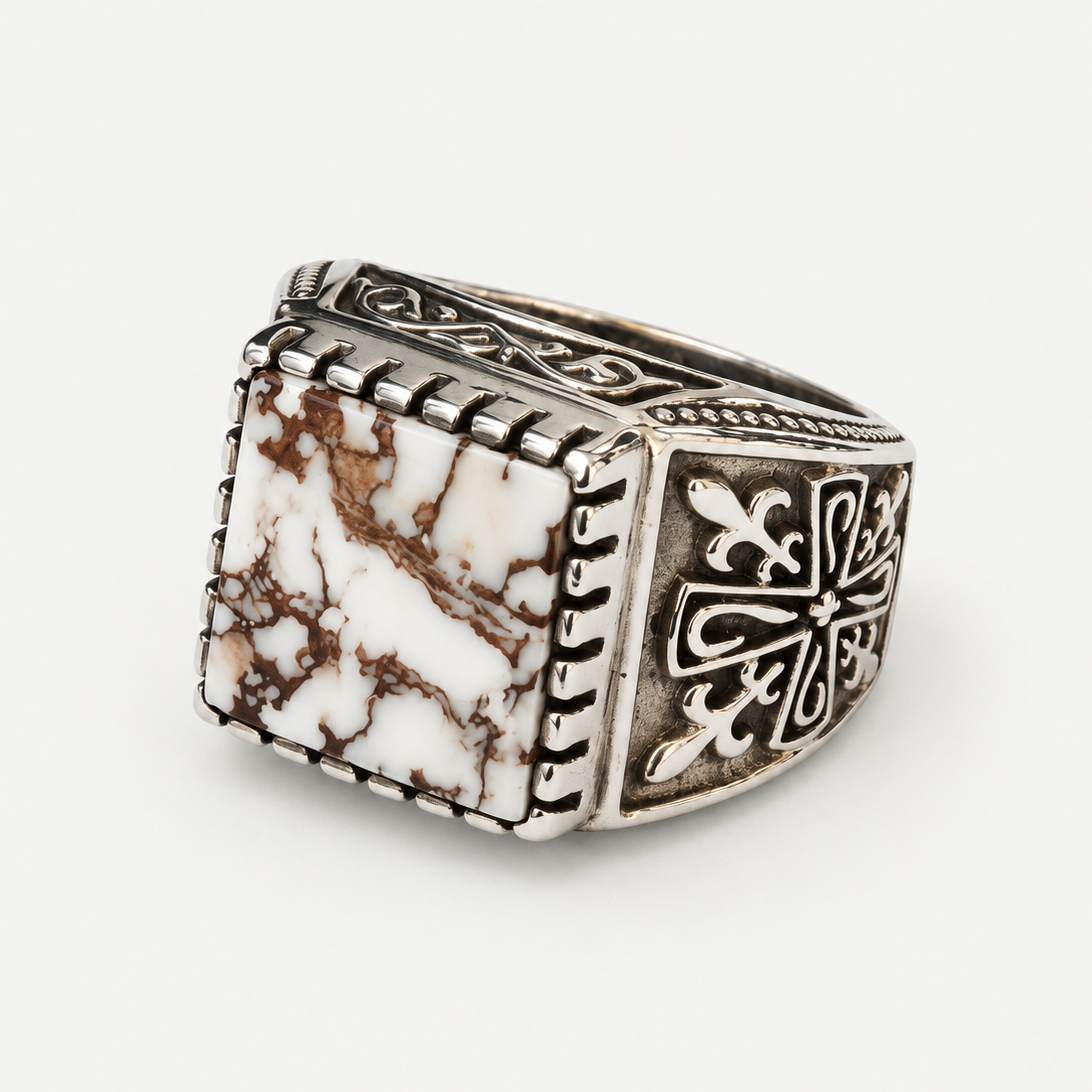 White Buffalo Signet Ring angled front view