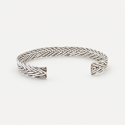 Woven Cuff Bracelet sterling silver chevron weave angled view