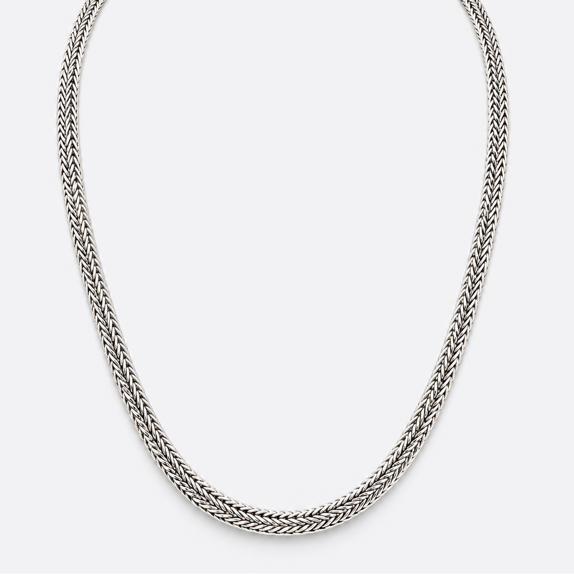 Woven silver chain necklace, front view
