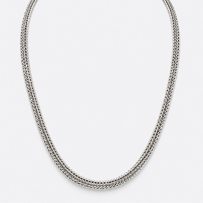 Woven silver chain necklace, front view