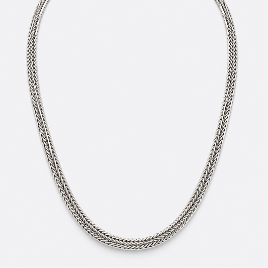 Woven silver chain necklace, front view