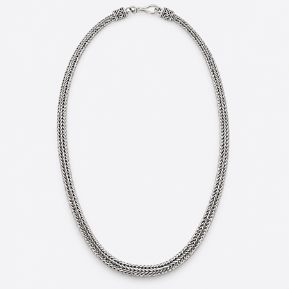 Woven silver chain necklace, full view and hook clasp
