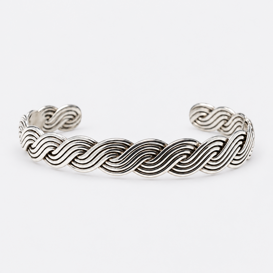 Woven Cuff Bracelet sculptural wave pattern studio view
